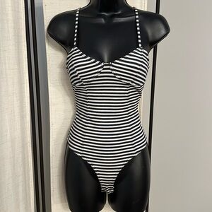 Forever 21 navy blue white striped spaghetti strap sailor style bodysuit S